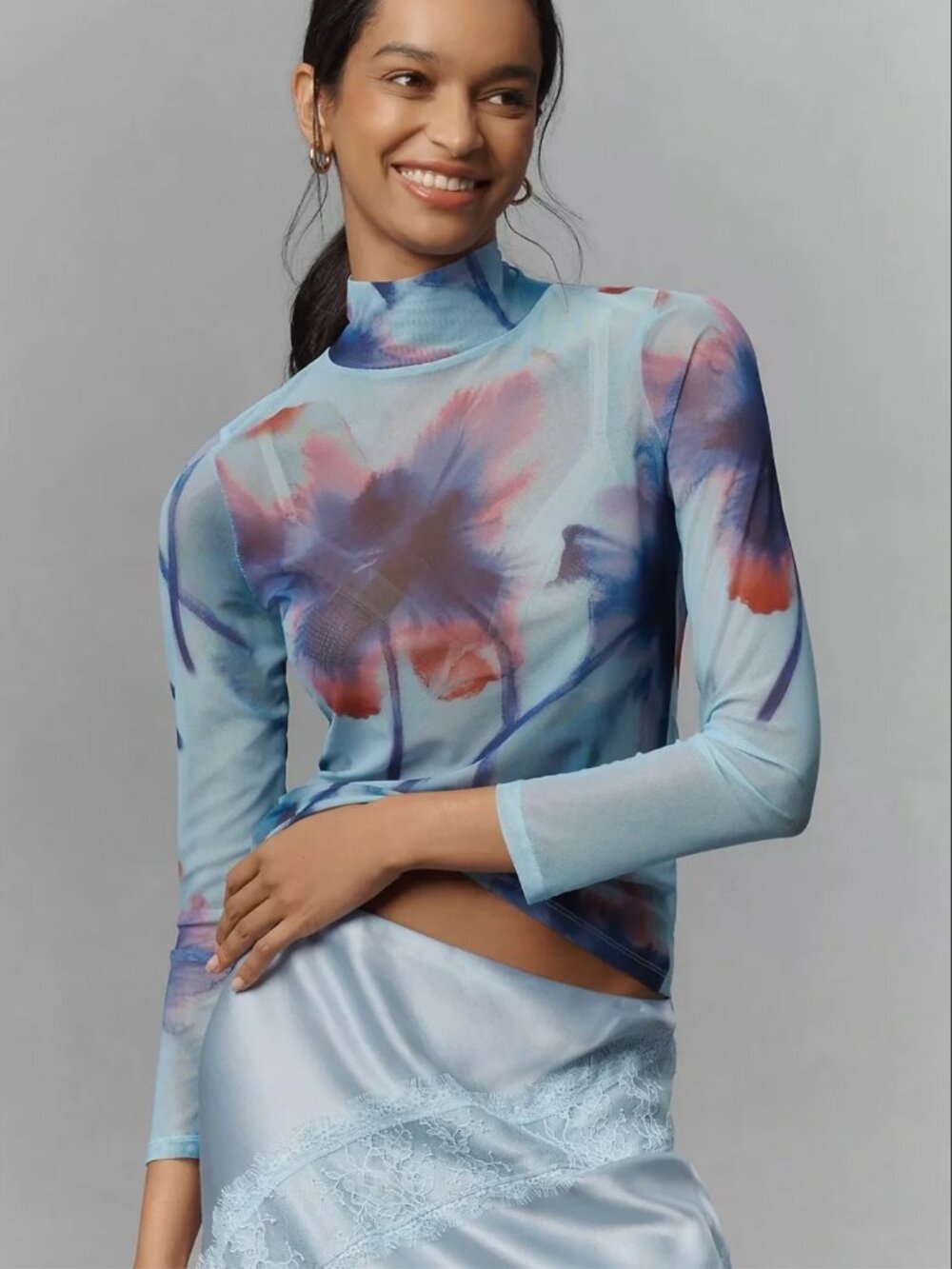 By Anthropologie Light Blue Floral Print Mock Neck Mesh Top Size Medium